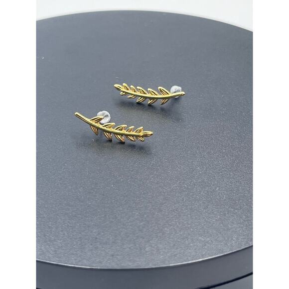 J. Crew Gold Tone Leaf Stud Golden Leaf Crawler Gold Tone Minimal Earrings - Picture 13 of 14